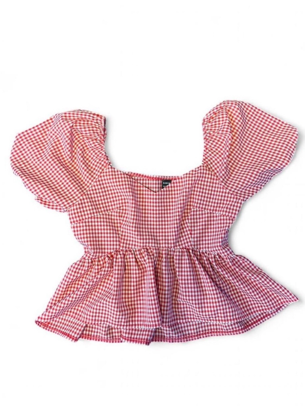 Red Gingham XS Puff-Sleeve Peplum Blouse | Like New